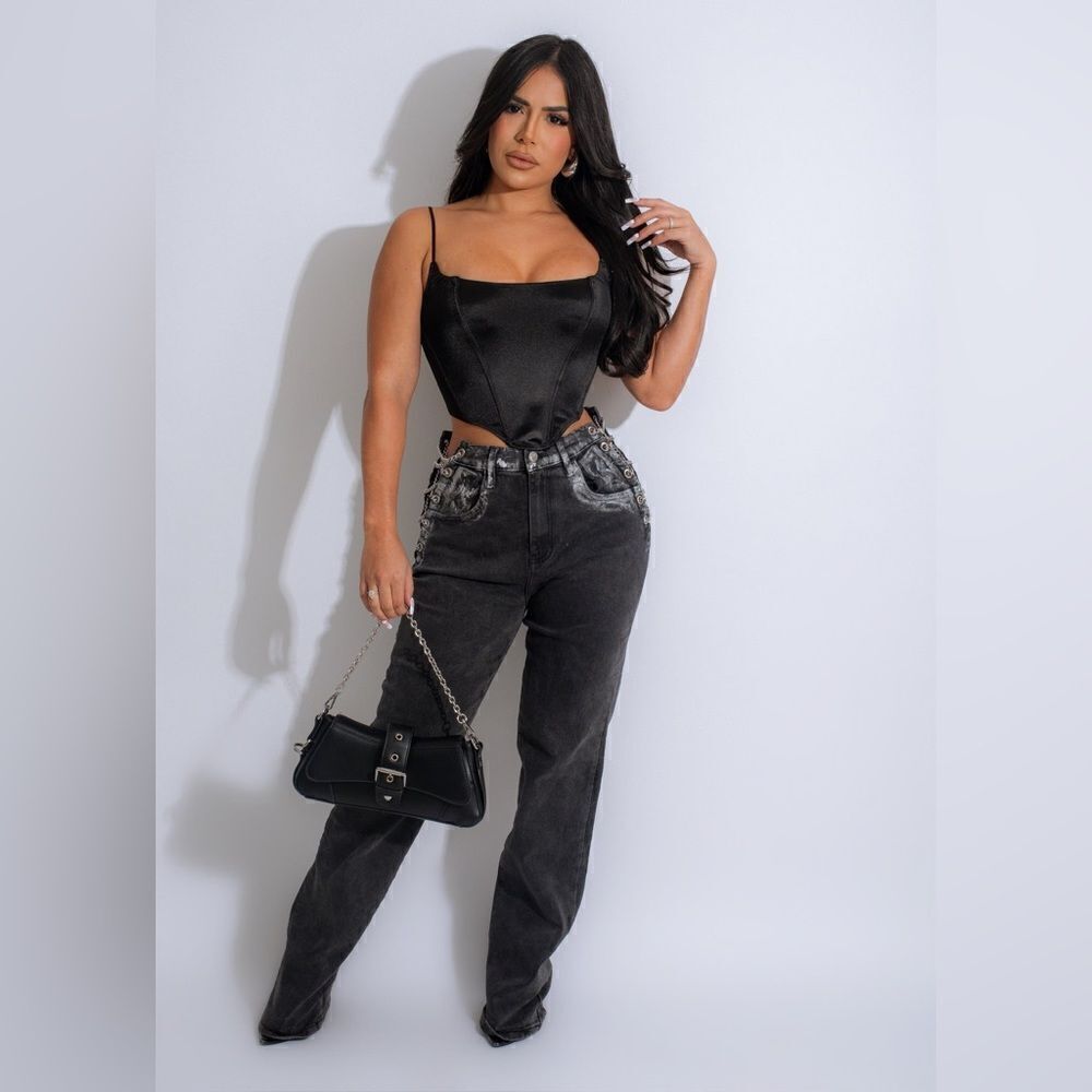 Black denim, jeans with silver lace up chain accent